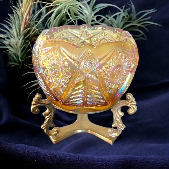 Other - Large Carnival Iridescent Glass Rose Bowl, French Vintage Art With Brass Stand